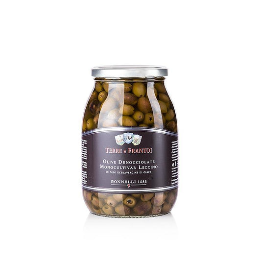Leccino sorte oliven i olie (Denocciolate) uden kerner, Terre e Frantoi, 950 g - pickles, konserves, startere - Olivenolie / oliven pastaer -