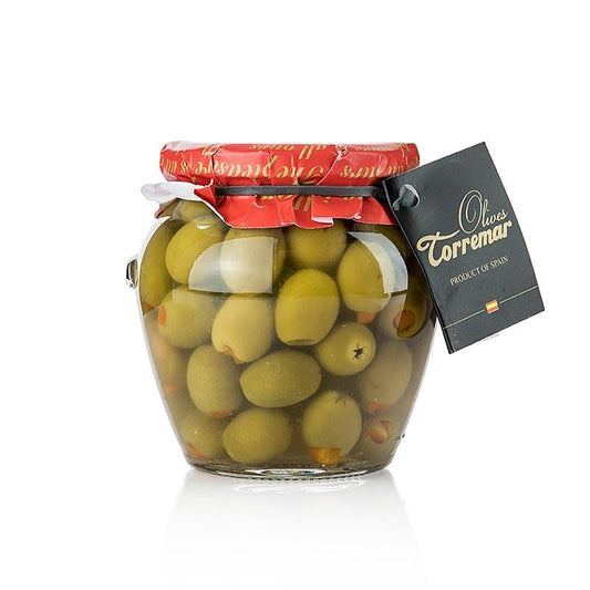Grønne oliven, Manzanilla, uden en kerne, med orange, 580 g (ATG 300g.), Torremar S.L., 580 g - pickles, konserves, startere - Olivenolie / oliven pastaer -