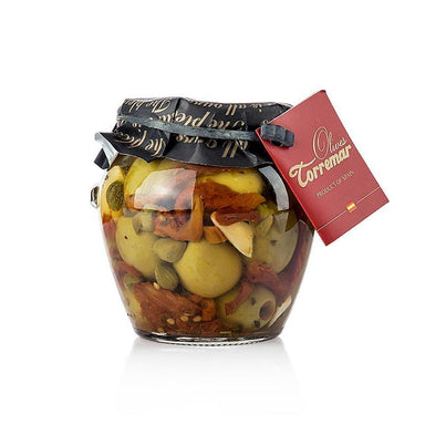 Grønne oliven, Gordal uden kerne, tomat / kapers, 580 g (ATG 300g.), Torremar S.L., 580 g - pickles, konserves, startere - Olivenolie / oliven pastaer -